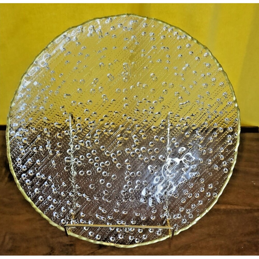 Artistic Accents Clear Bubble Glass Platter – 12.75"  Gold Rim – Handcrafted